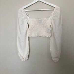 Forever 21 Cream Smocked Puff Sleeve Crop Blouse